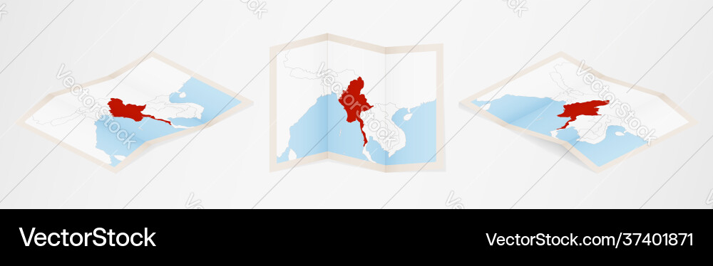 Folded map myanmar in three different versions Folded map myanmar in three different versions vector image