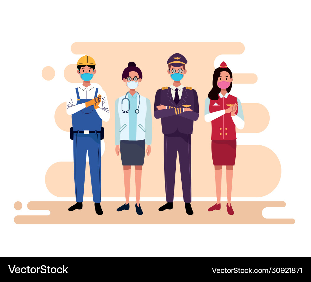 Group workers using face masks Group workers using face masks Vector Image