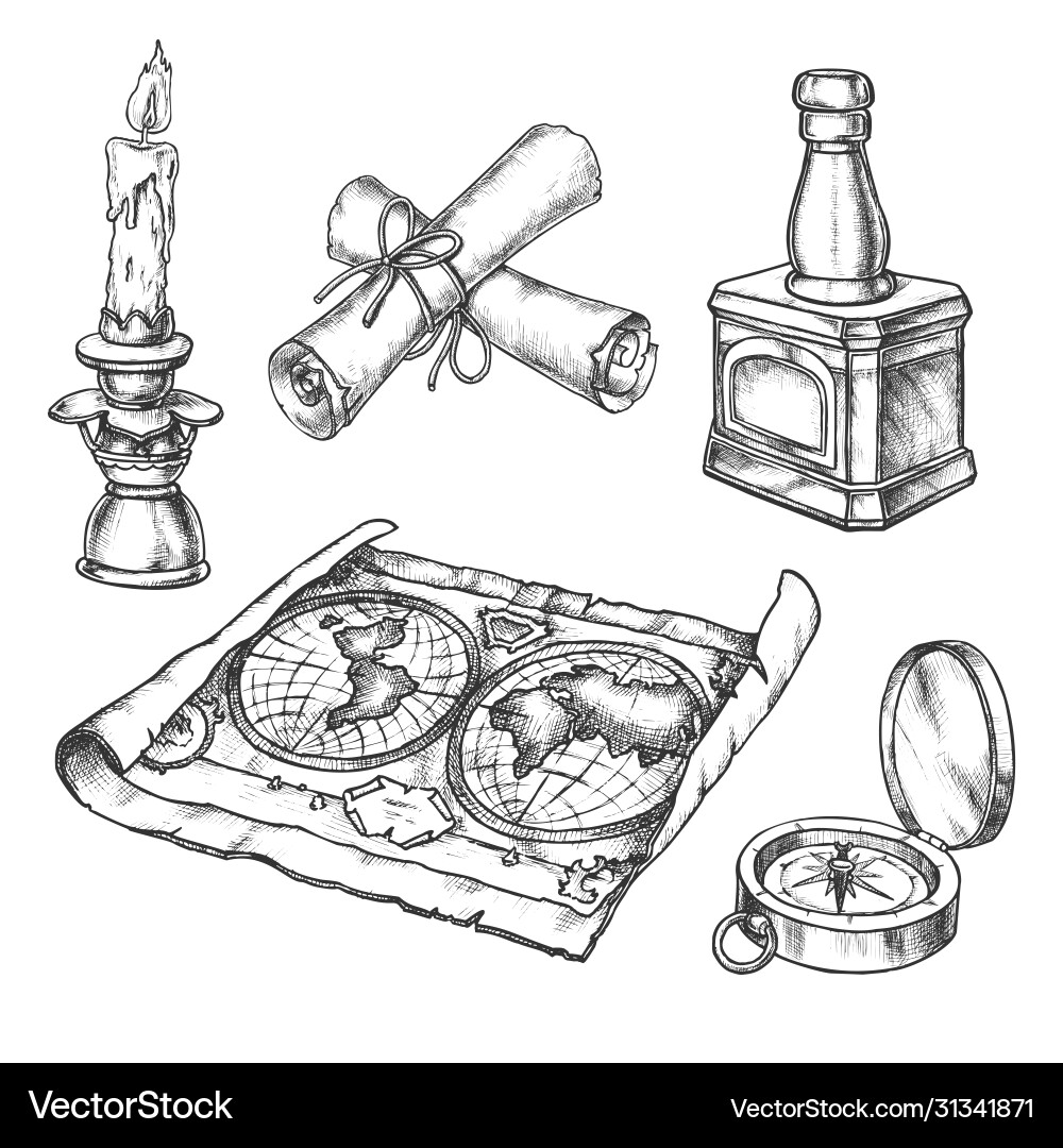 Sketch candle vintage map scroll compass Vector Image