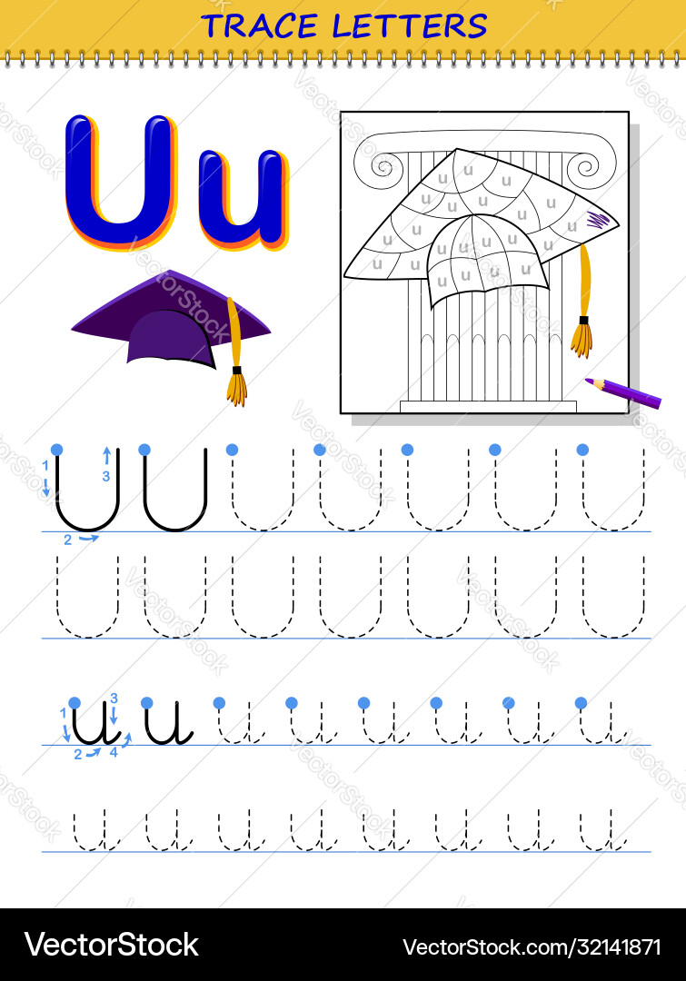Tracing letter u for study alphabet printable Tracing letter u for study alphabet printable vector image
