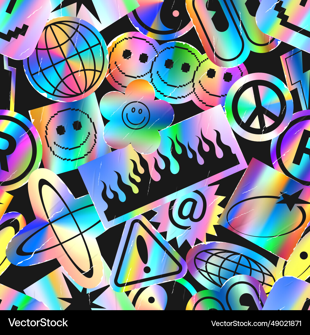 Vibrant seamless pattern with holographic stickers Vibrant seamless pattern with holographic stickers vector image