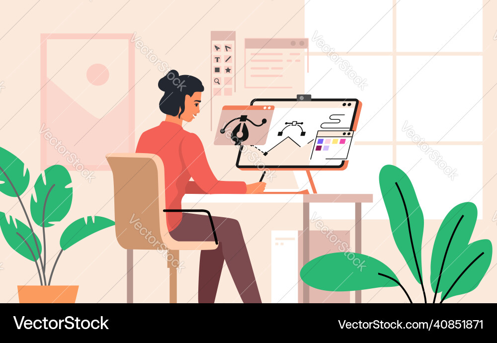 Woman sitting at workspace computer vector image