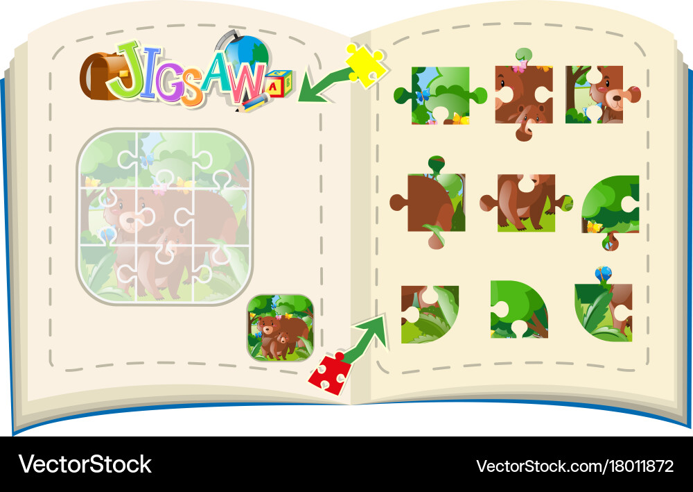 Jigsaw puzzle game with bears in forest Vector Image