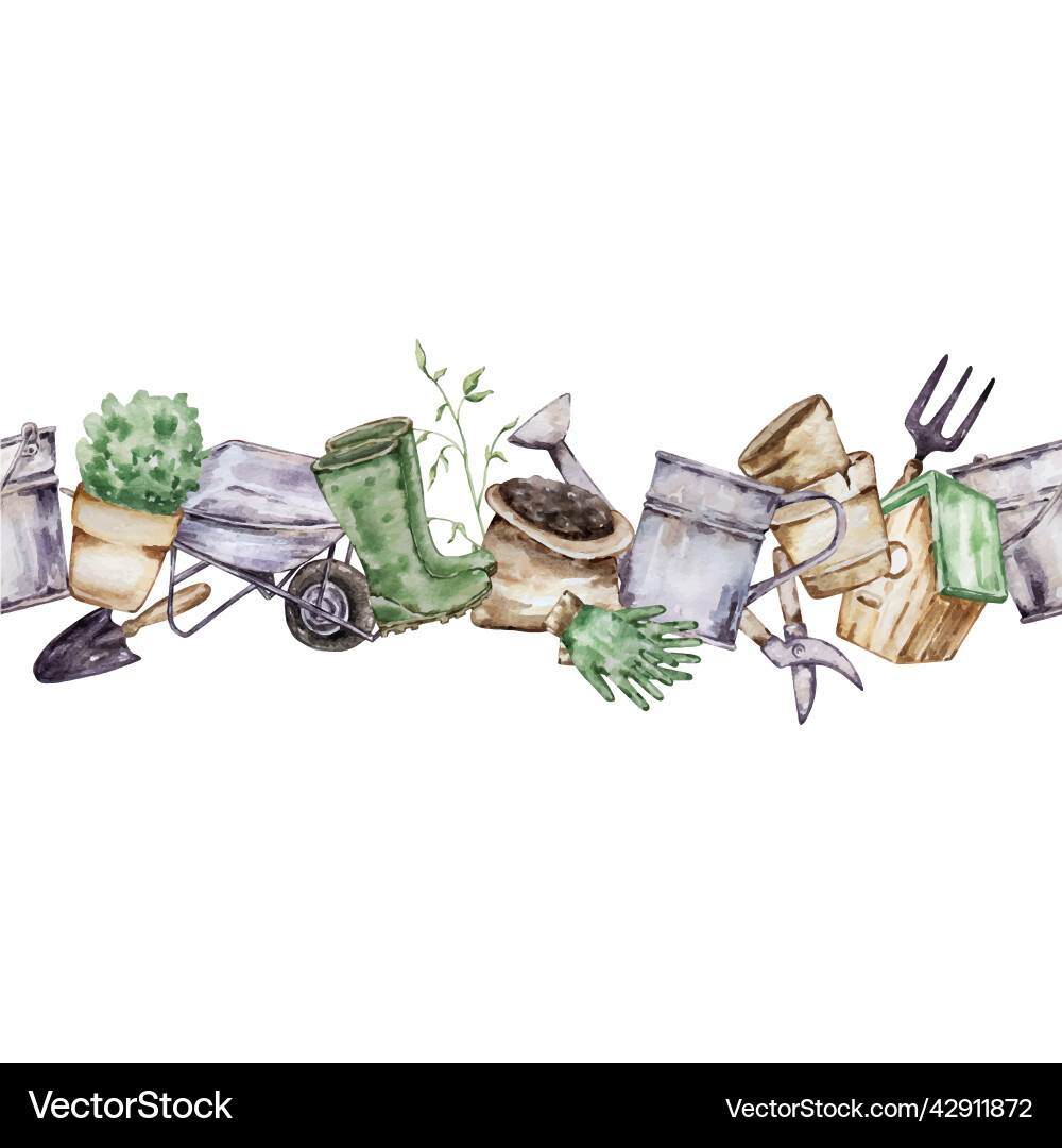 Watercolor Gardening Tools Border – Royalty-Free Vector | VectorStock, image size:1000x1080