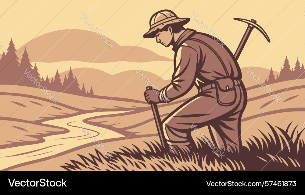 Arduous miner digging with pickaxe in a hilly Vector Image