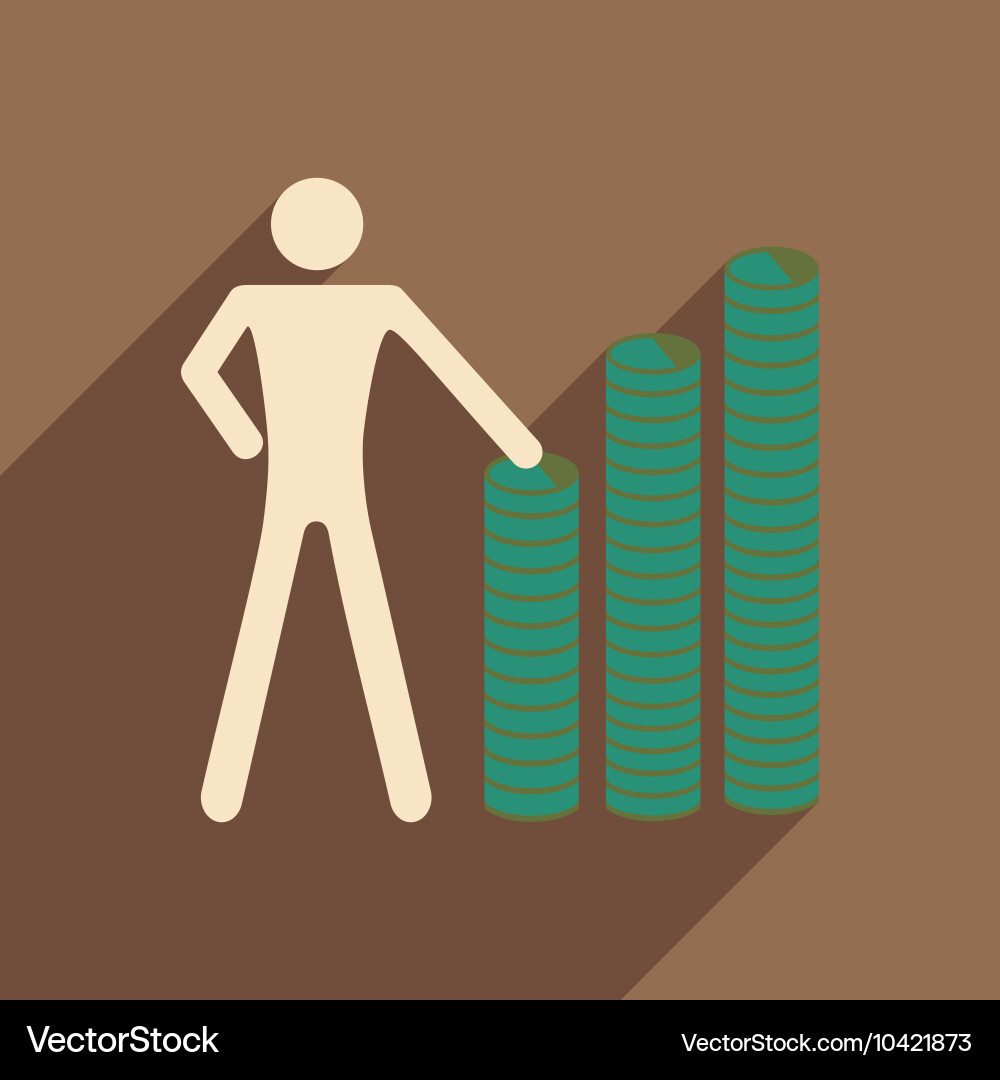 Flat with shadow icon man and stack of coins vector image