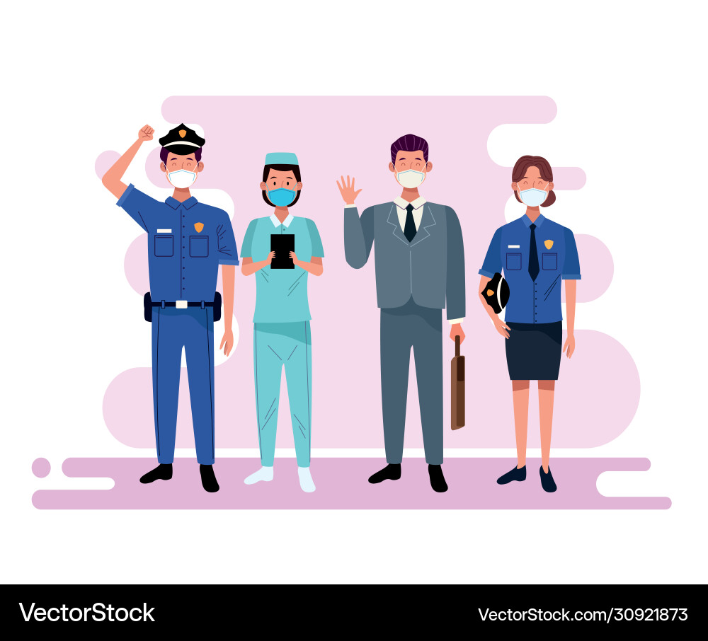 Group workers using face masks Vector Image
