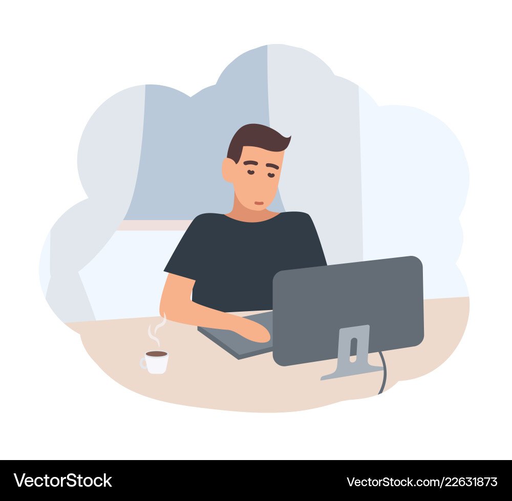 Man Browsing Computer at Desk Vector Image