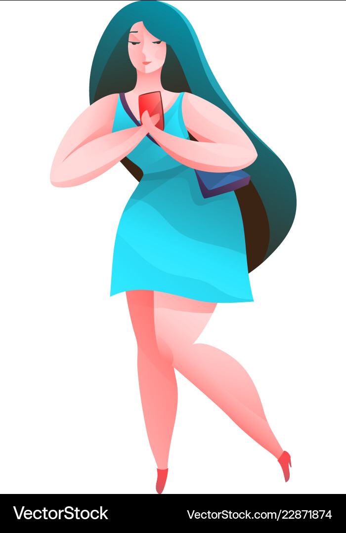 Beautiful woman standing reading on smartphone Beautiful woman standing reading on smartphone Vector Image