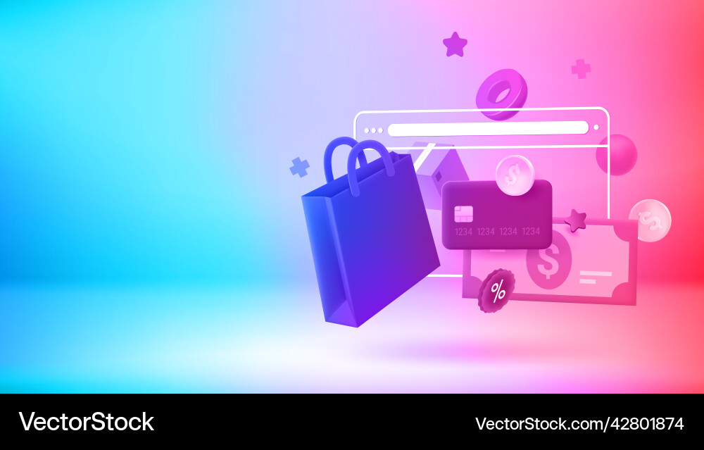 Making purchases via internet browser 3d banner Making purchases via internet browser 3d banner vector image