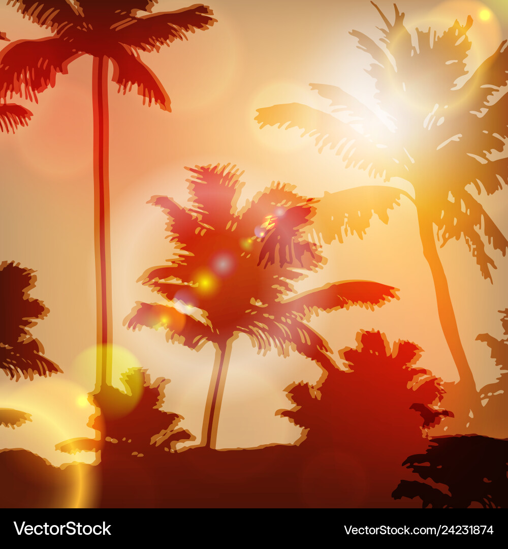 Sea sunset with island and palm trees Sea sunset with island and palm trees vector image