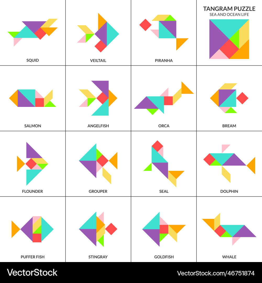 Tangram puzzle game set with various fish Tangram puzzle game set with various fish vector image