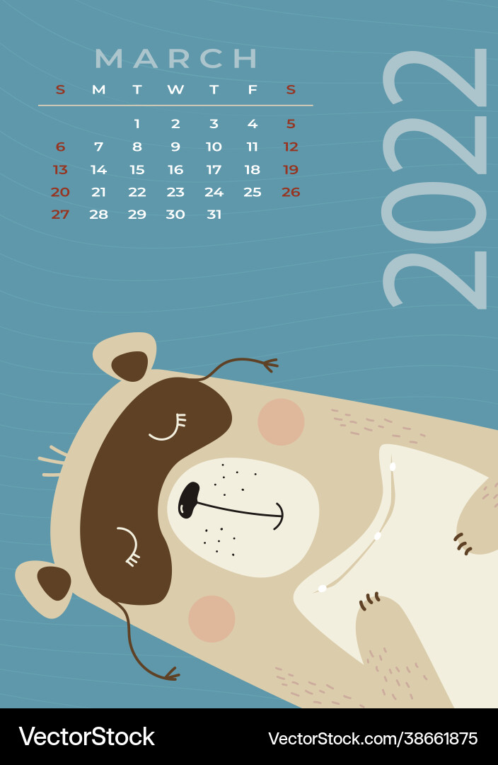 Bear calendar march 2022 a cute sleeps Bear calendar march 2022 a cute sleeps vector image