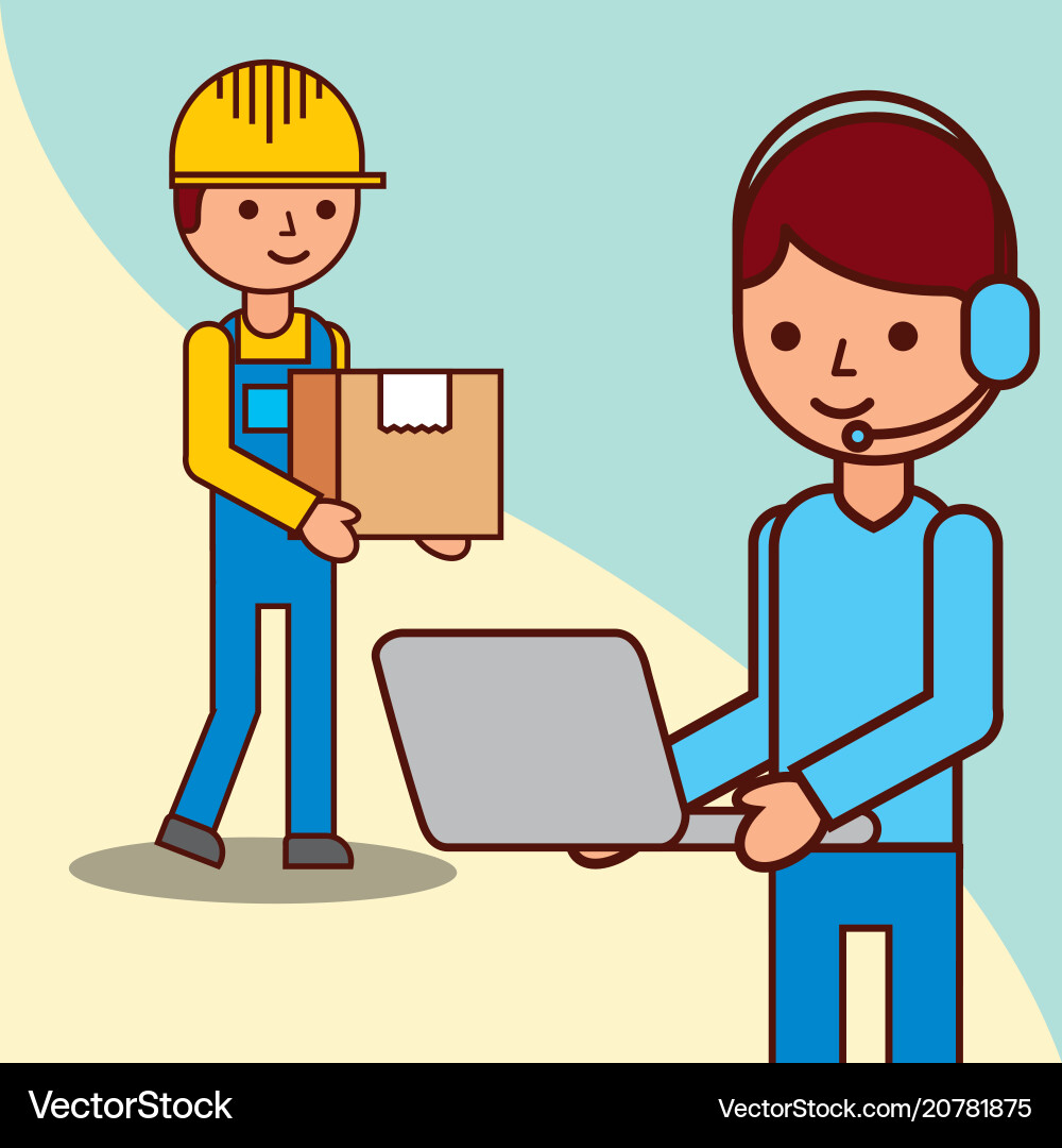 Delivery man with a box and operator holds vector image