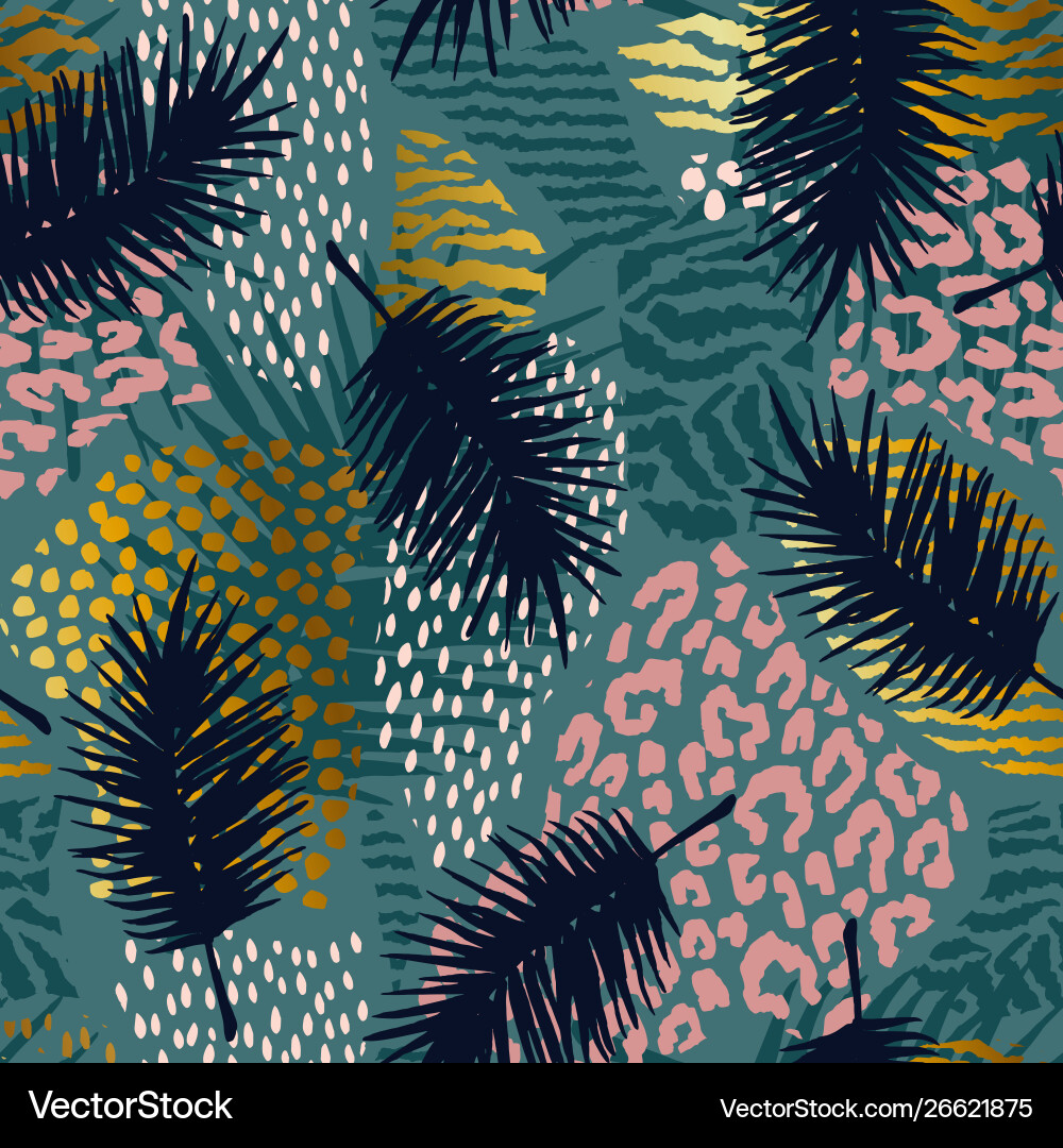 Exotic Palm & Leopard Print Pattern vector image