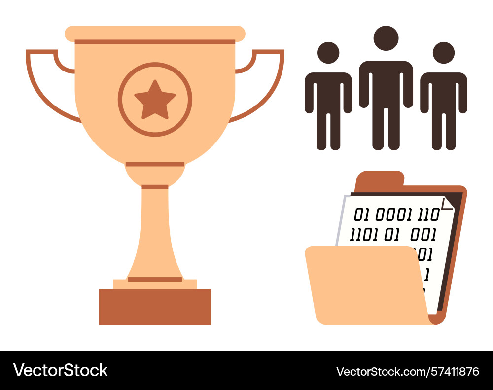 Award trophy with team figures and binary code vector image