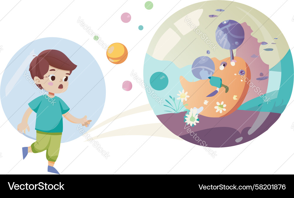 Child in bubble ball with floating objects Vector Image