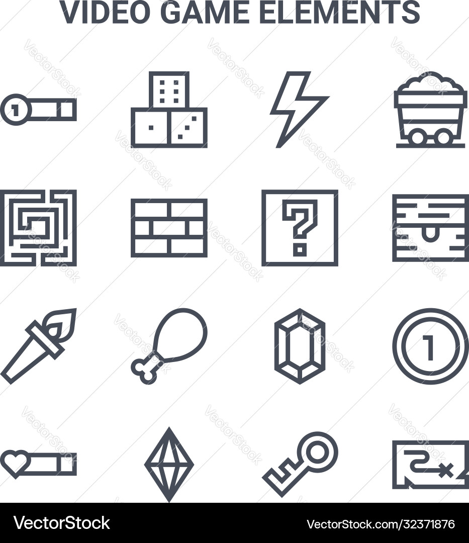 Set 16 video game elements concept line icons vector image