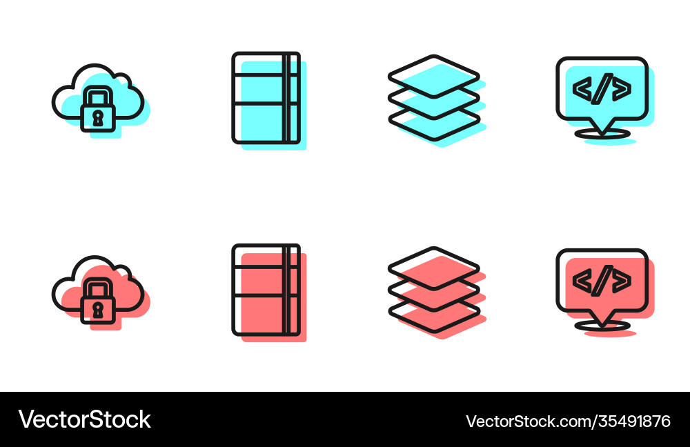 Set line layers cloud computing lock sketchbook Set line layers cloud computing lock sketchbook vector image