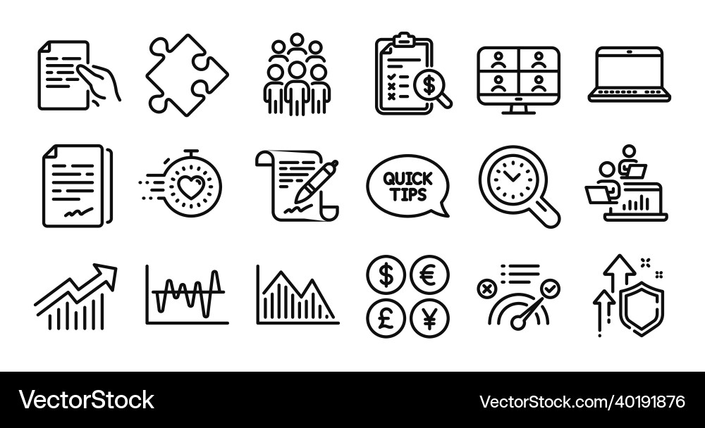 Stock analysis timer and teamwork line icons set Stock analysis timer and teamwork line icons set vector image