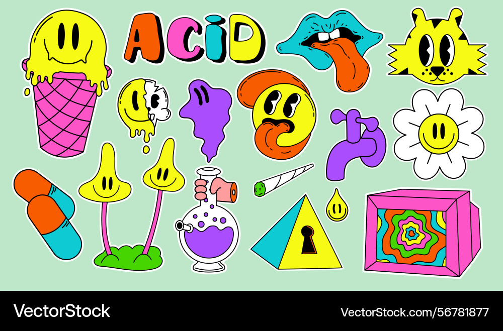 Acid abstract characters and objects in a cartoon Vector Image