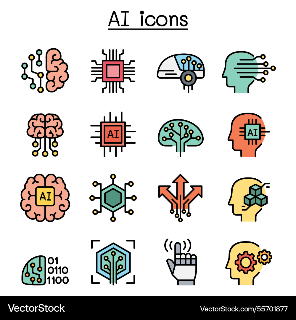 Ai artificial intelligence icon set in colorline Ai artificial intelligence icon set in colorline vector image