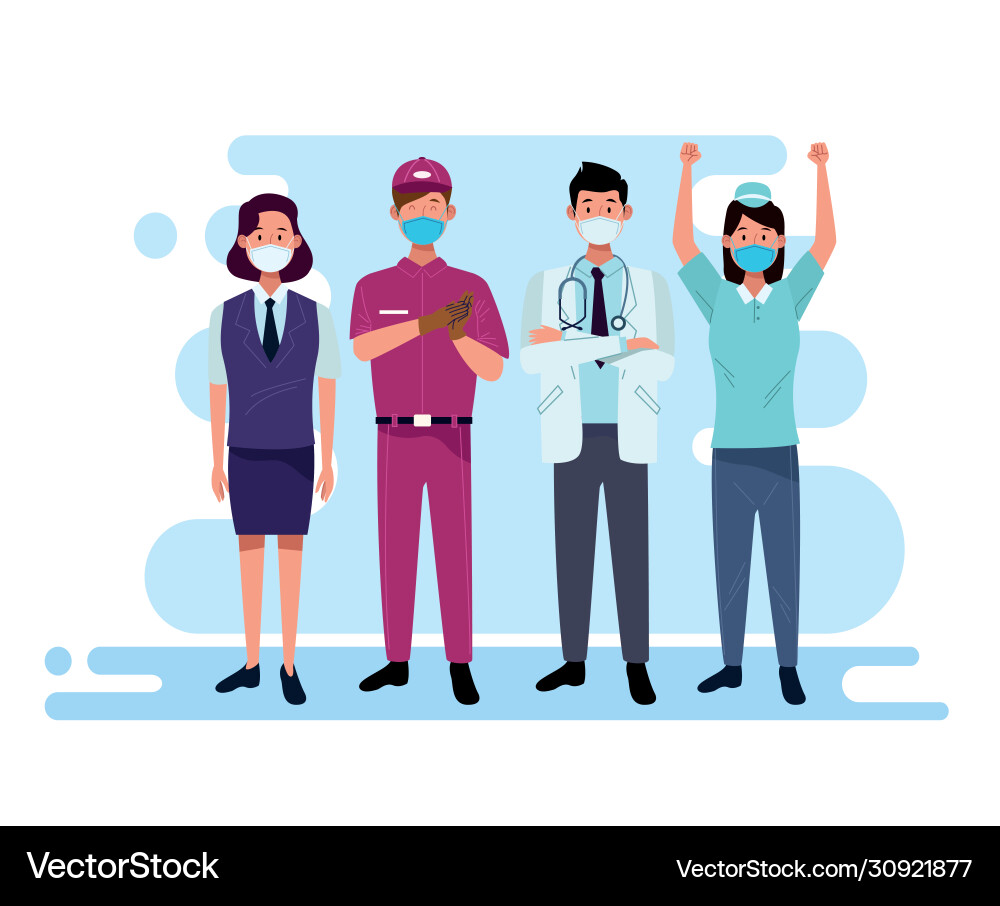 Group workers using face masks Vector Image
