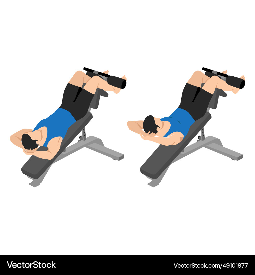 Man doing decline crunch on a bench exercise Man doing decline crunch on a bench exercise vector image