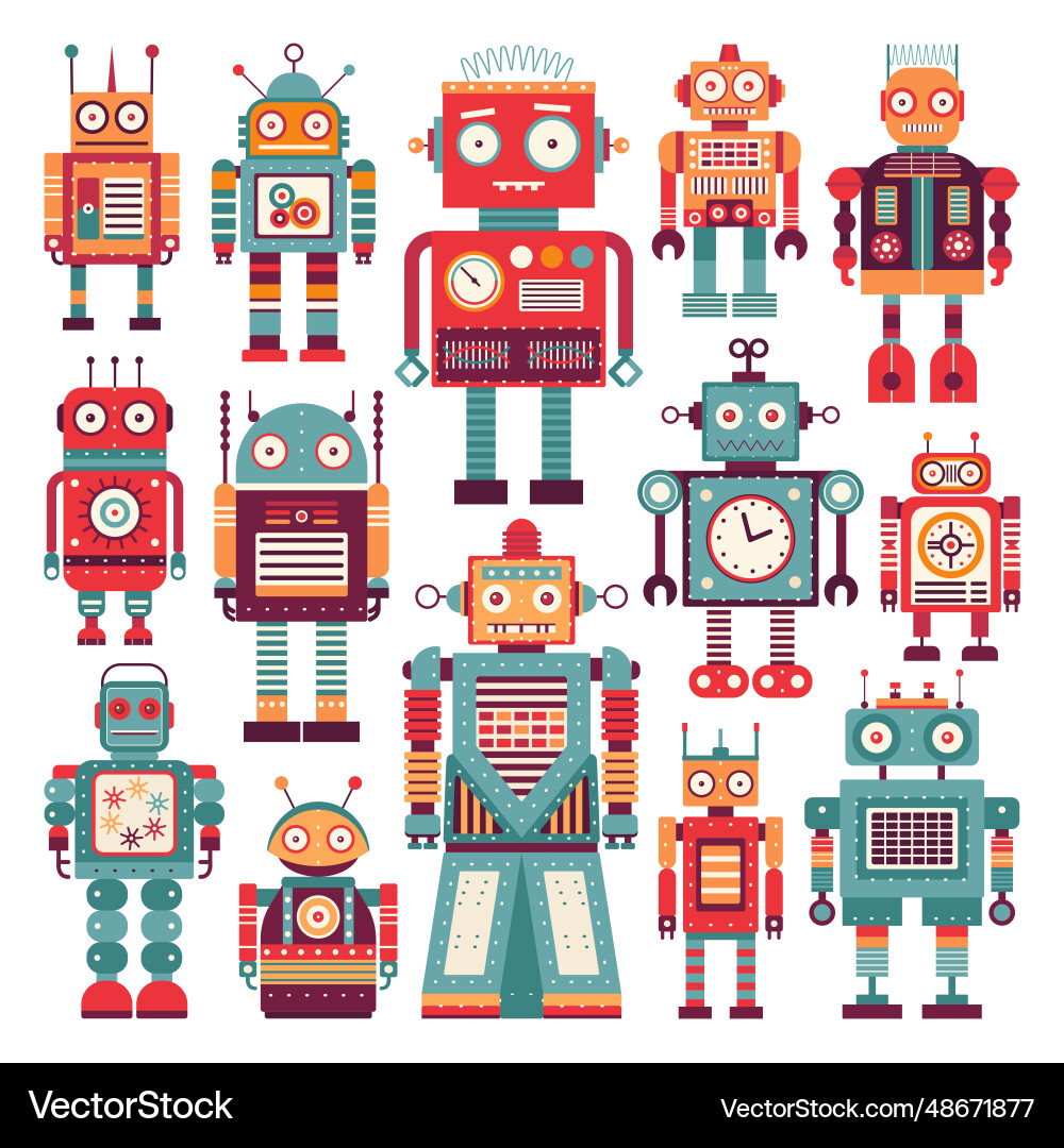 Retro robots and space mechanical toys set Vector Image