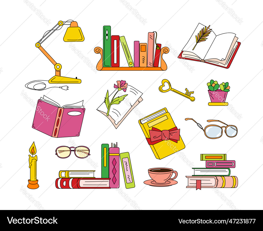Set of books and other objects related to reading Set of books and other objects related to reading Vector Image