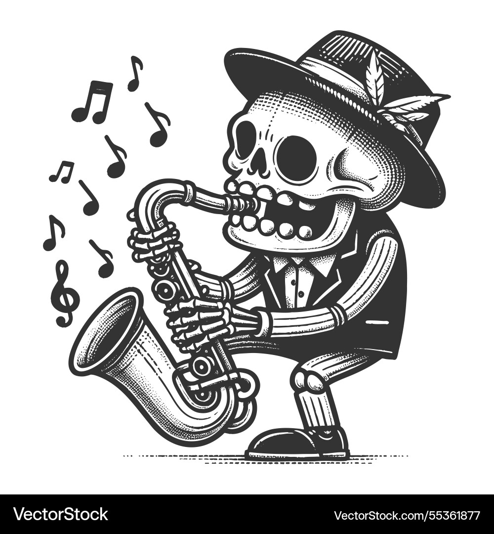 Skeleton playing jazz saxophone engraving Skeleton playing jazz saxophone engraving vector image