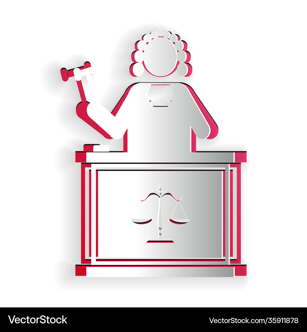 Paper cut judge with gavel on table icon isolated Paper cut judge with gavel on table icon isolated vector image