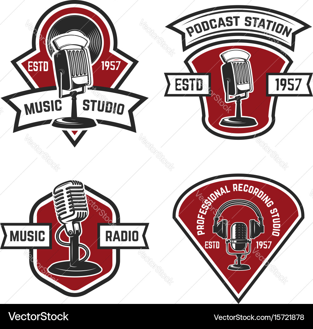 Set of emblems with old style microphone isolated vector image