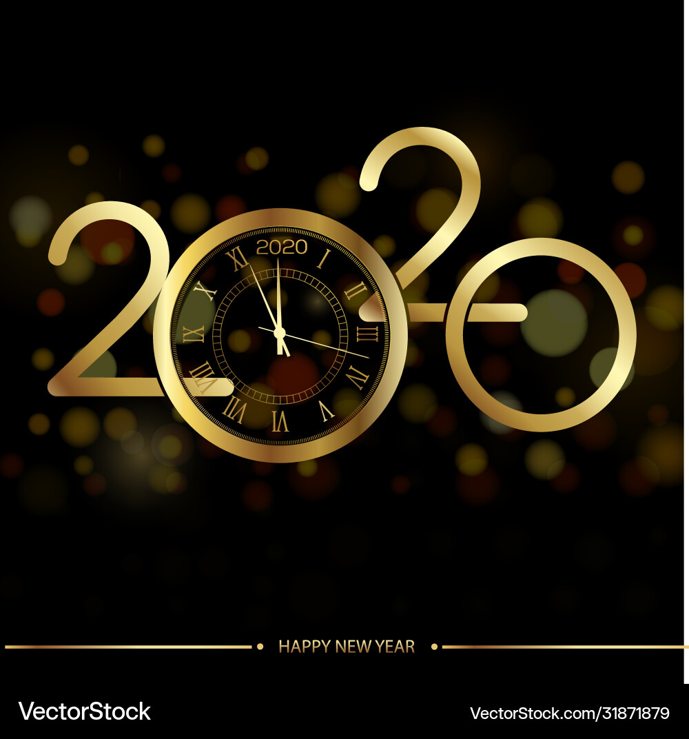 Happy 2020 new year golden card with clock Happy 2020 new year golden card with clock vector image