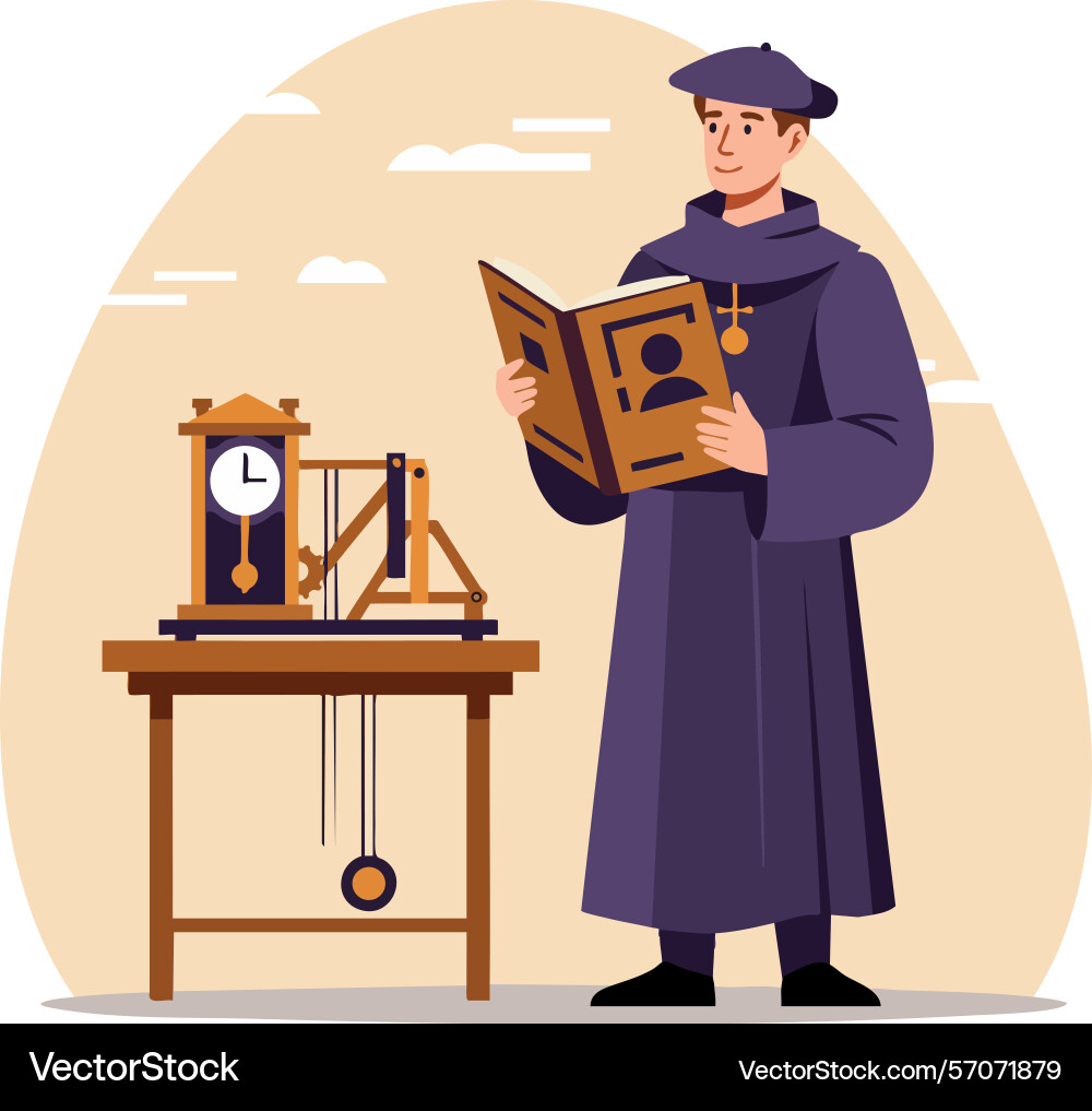 Scientist studying pendulum clock experiment Scientist studying pendulum clock experiment Vector Image
