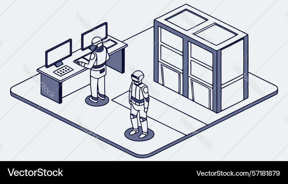 Server room with technician - isometric data vector image