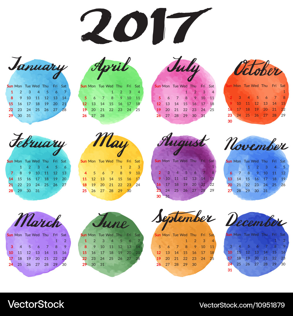Watercolor 2017 calendar with hand lettering Watercolor 2017 calendar with hand lettering vector image