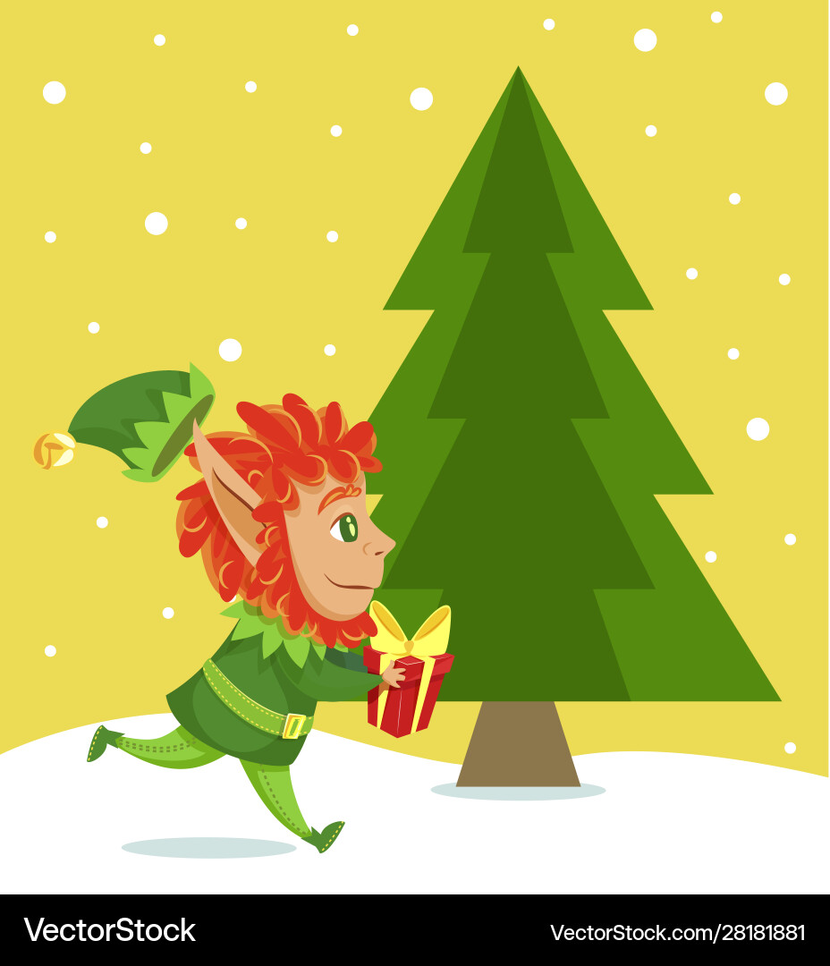 Elf running with giftbox passing pine tree spruce Elf running with giftbox passing pine tree spruce Vector Image
