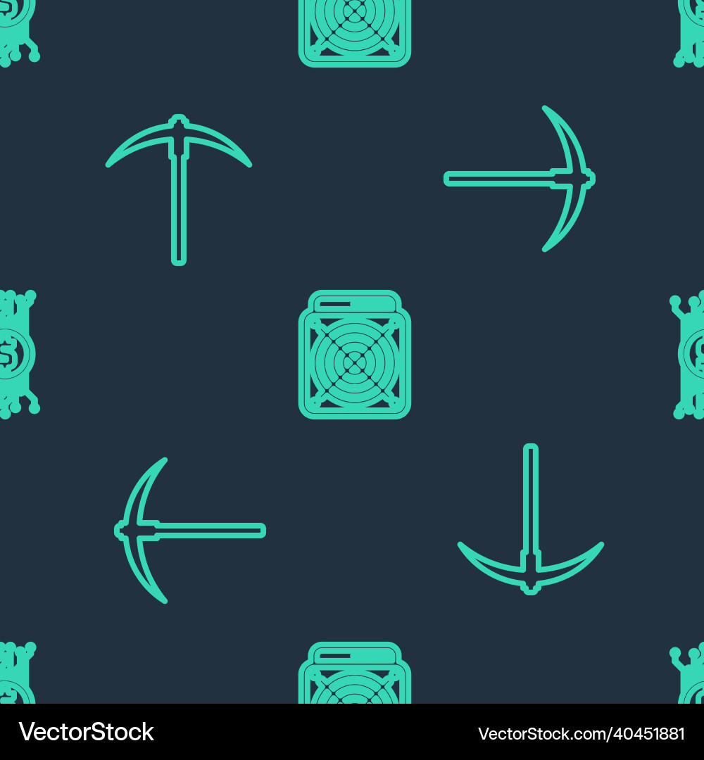 Set line asic miner pickaxe and cryptocurrency Set line asic miner pickaxe and cryptocurrency vector image