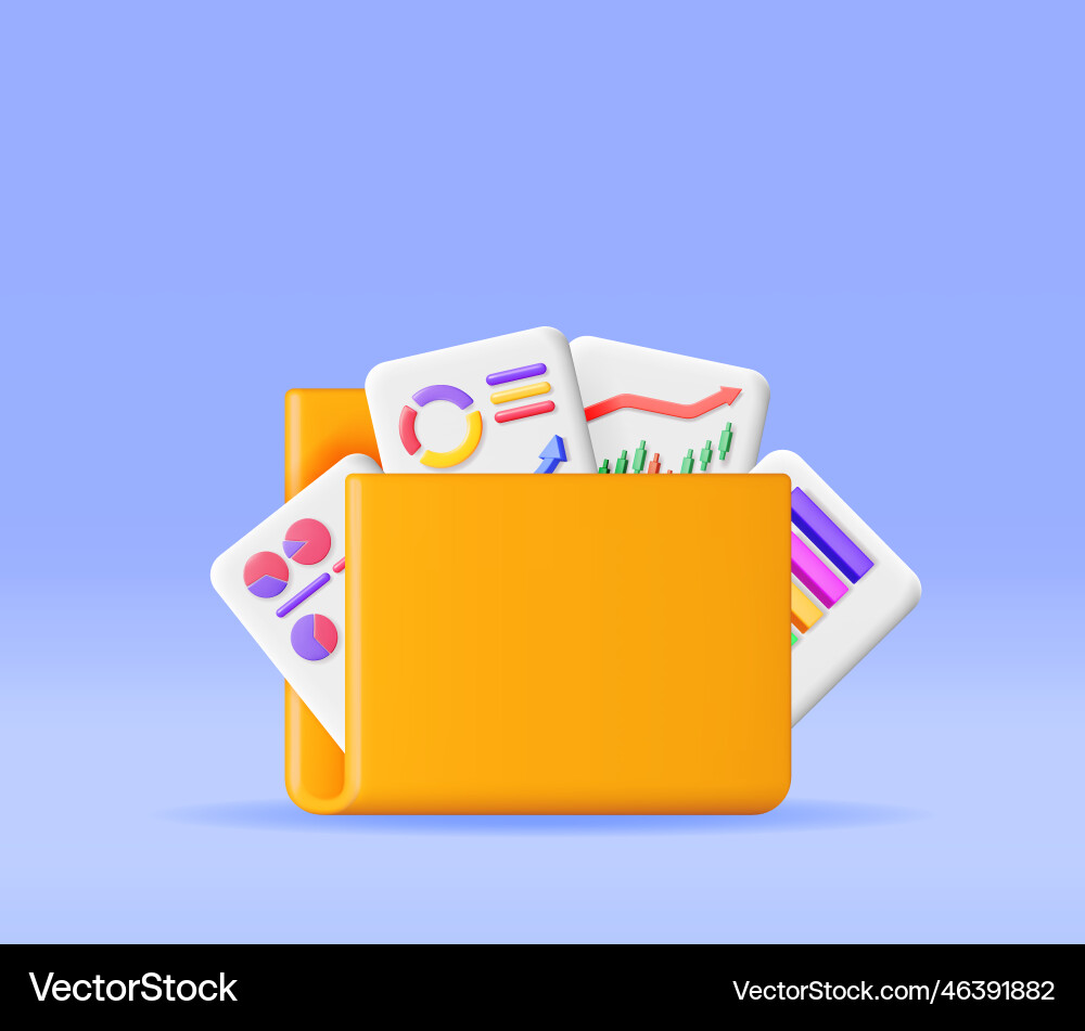 3d file folder full of sheet with pie diagram 3d file folder full of sheet with pie diagram vector image