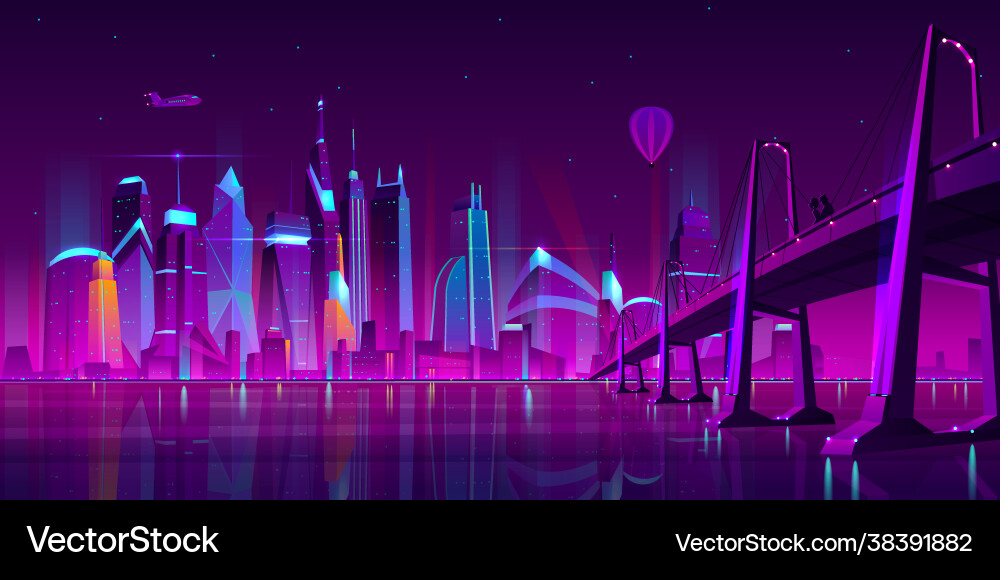 Night city futuristic landscape background vector image