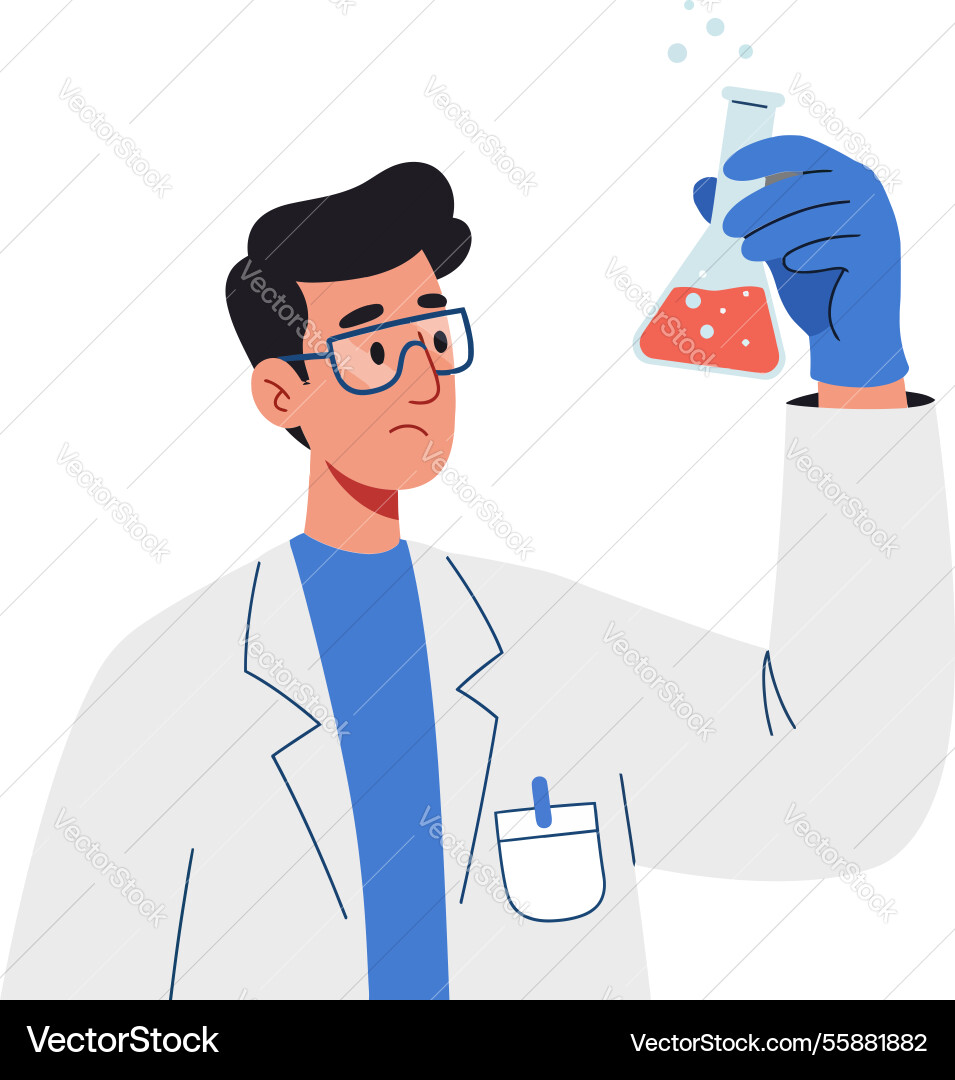 Scientist in a lab coat examining flask Scientist in a lab coat examining flask vector image