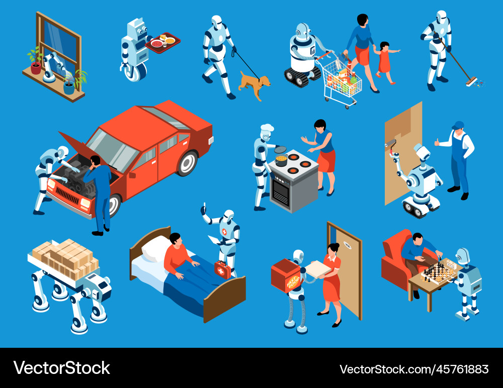Isometric robot assistant isolated icon set Isometric robot assistant isolated icon set vector image