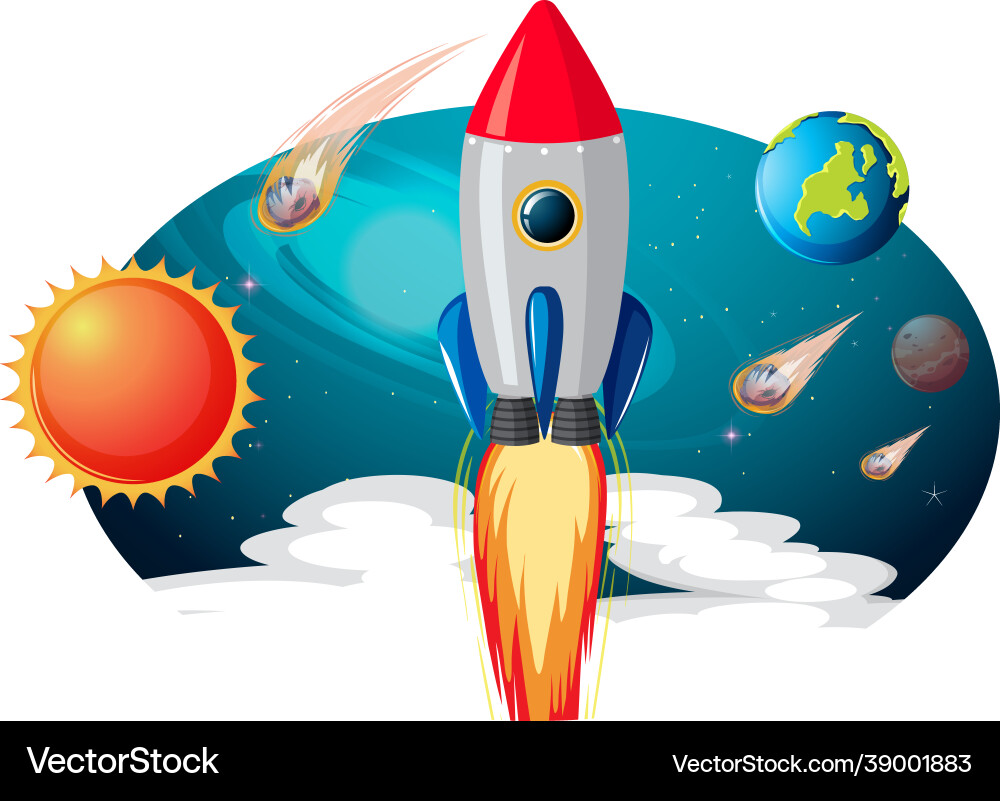 Rocket ship with many planets and asteroids Rocket ship with many planets and asteroids Vector Image