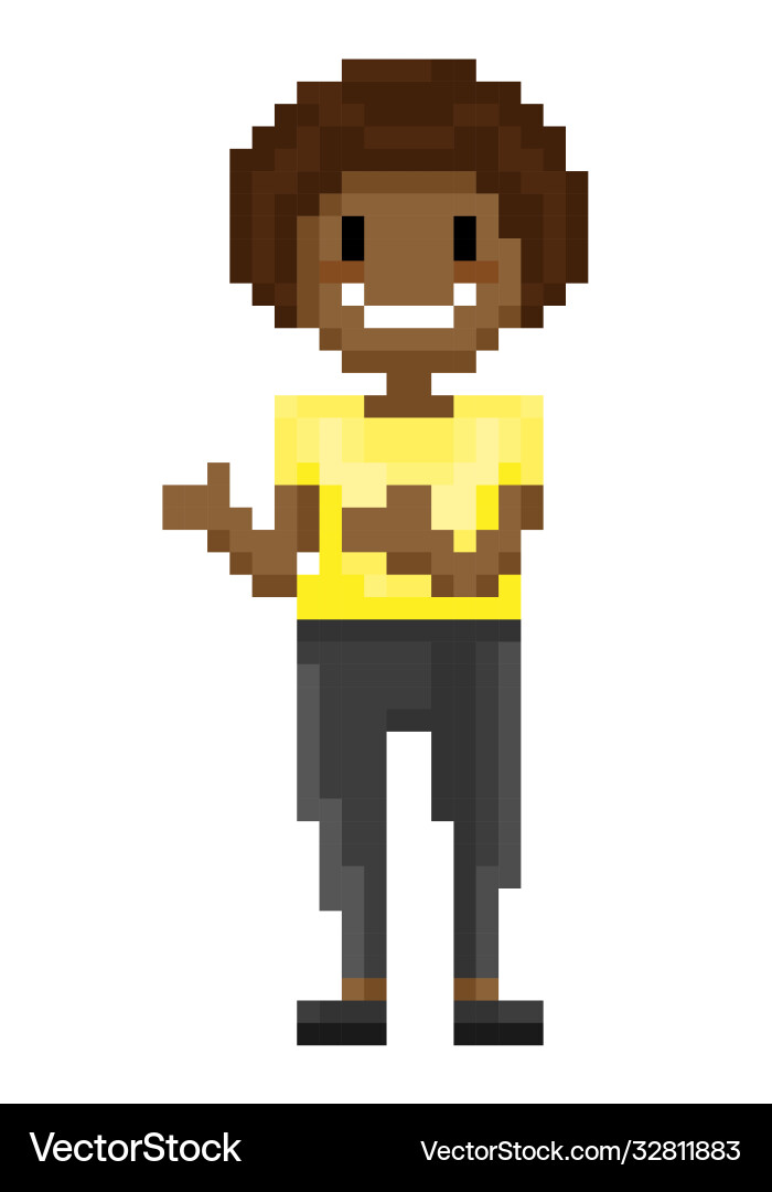 Smiling afro american pixel game character Smiling afro american pixel game character vector image