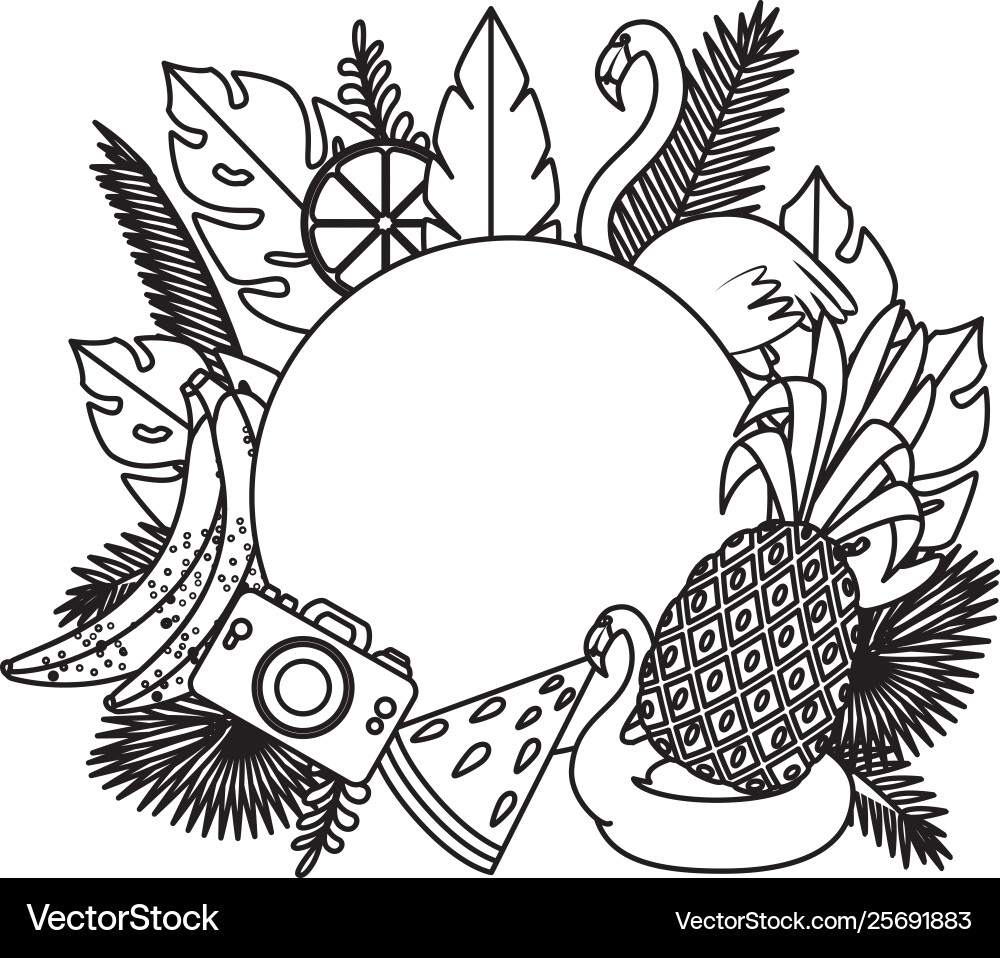 Summer circular frame with leafs and set icons Summer circular frame with leafs and set icons vector image