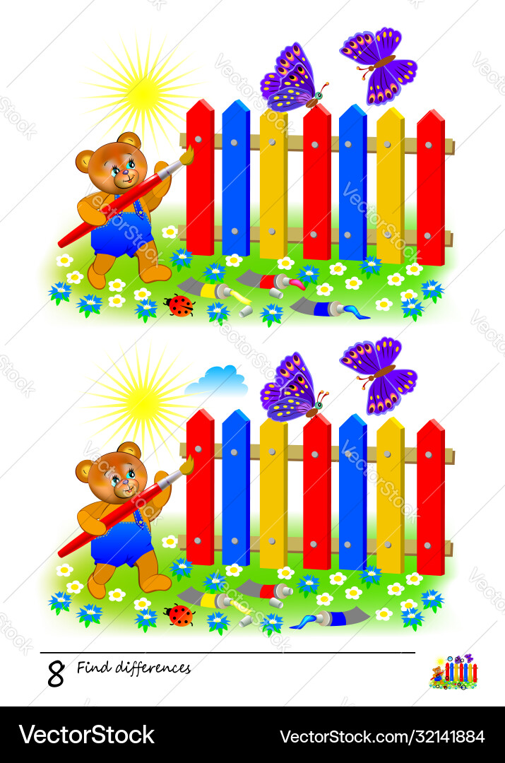 Find 8 differences logic puzzle game for children Find 8 differences logic puzzle game for children vector image