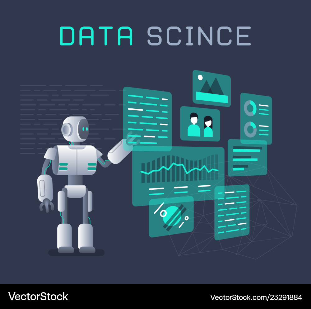 Modern robot working with analytics data pie Modern robot working with analytics data pie vector image