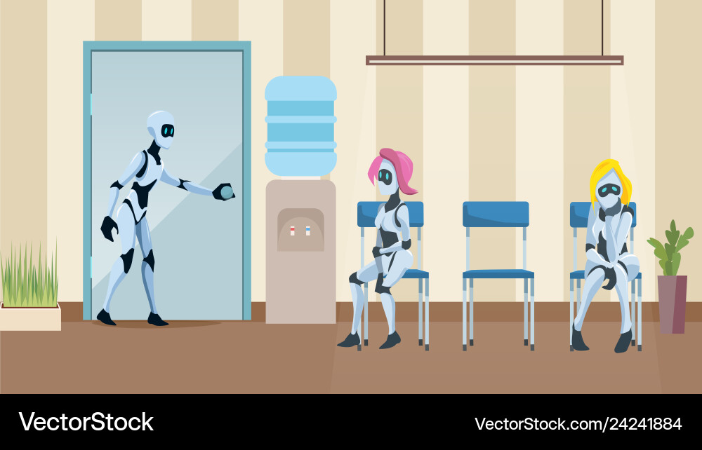 Robot queue in office corridor wait job interview Robot queue in office corridor wait job interview Vector Image