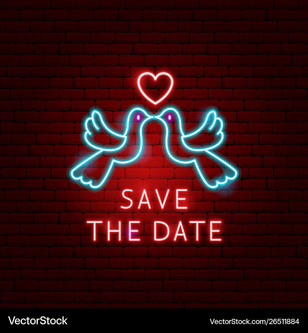 Save date doves neon label Vector Image